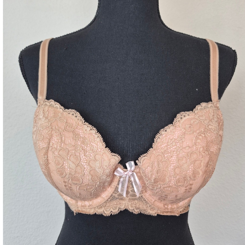 Victorias Secret Angels Lined Demi Bra 36C Peach Tan Lace Underwire Floral